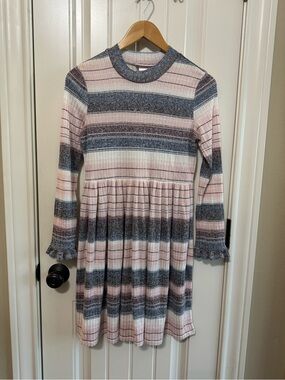 Bonnie Jean Girls Size 16 Pink Gray Striped Ribbed Knit Ruffle Babydoll Dress